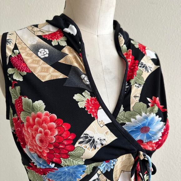 Vintage black floral print sleeveless top size L - Picture 3 of 8